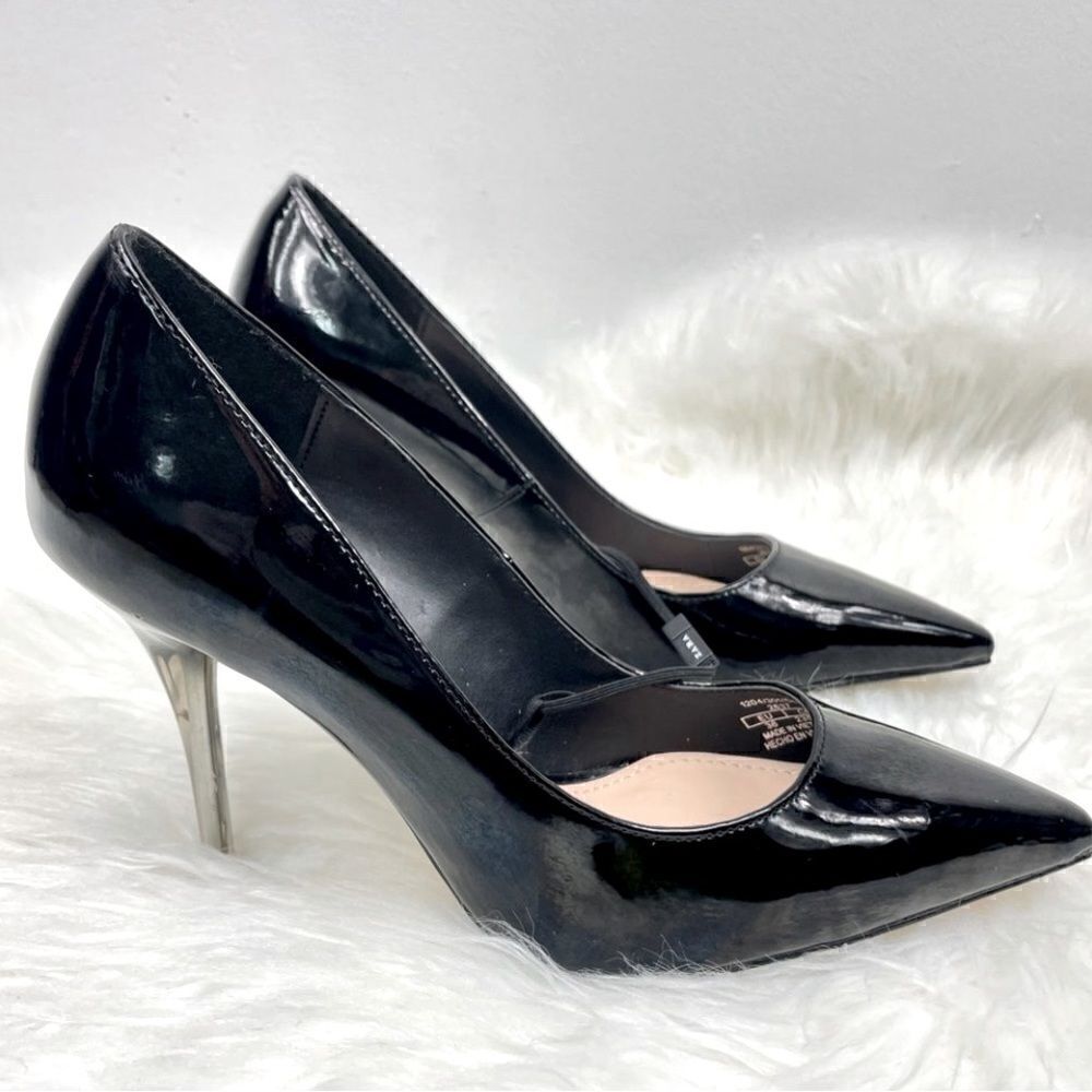 ZARA black glossy pointy toe stilettos size 36.0,3 1/2” silver/clear heel,pumps